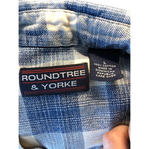 Roundtree & Yorke Plaid Shirt Large Blue White Check Button Down Chore Ranch Men - Picture 3 of 4